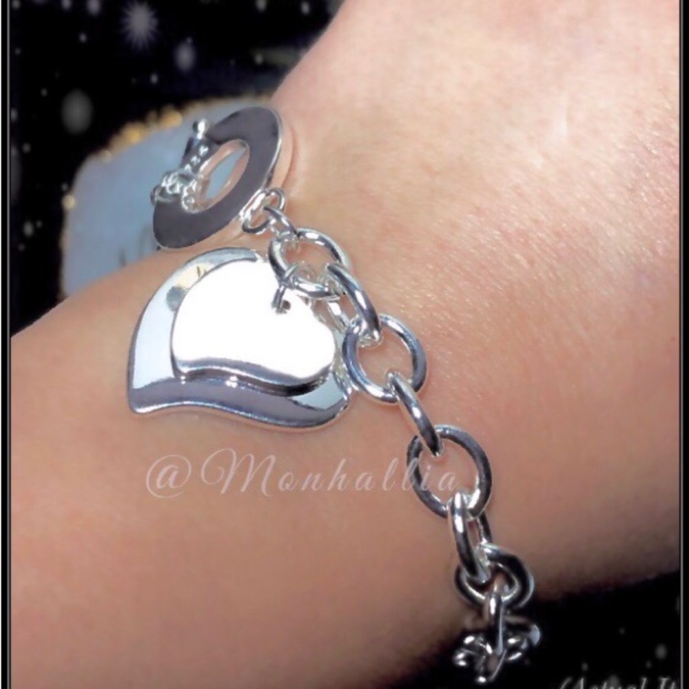 New 925 Silver Double Heart Statement Chain Link Toggle Love Bracelet